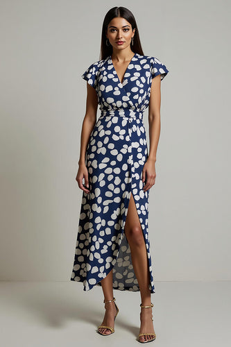 White Blue Printed V-Neck Slit Wedding Guest Dress with Long