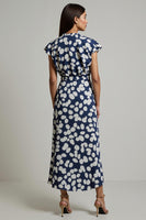 Load image into Gallery viewer, White Blue Printed V-Neck Slit Wedding Guest Dress with Long