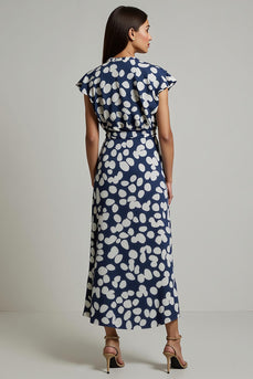 White Blue Printed V-Neck Slit Wedding Guest Dress with Long