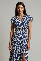 Load image into Gallery viewer, White Blue Printed V-Neck Slit Wedding Guest Dress with Long