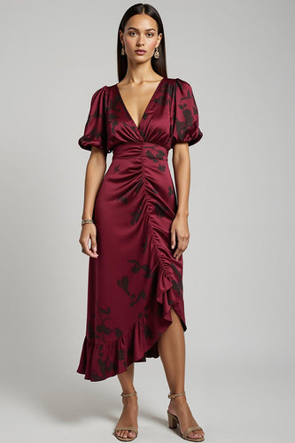 Burgundy V-Neck Asymmetrical Bodycon Maxi Wedding Guest Dress