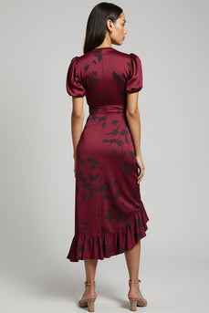 Burgundy V-Neck Asymmetrical Bodycon Maxi Wedding Guest Dress