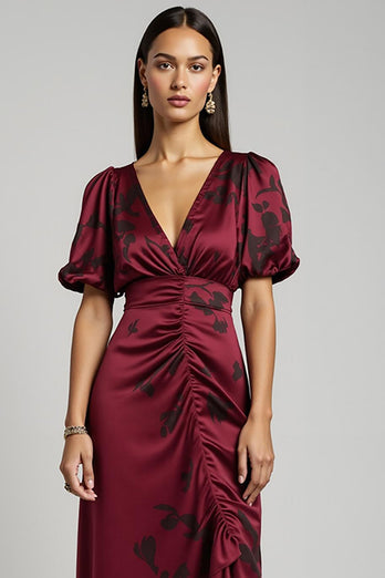 Burgundy V-Neck Asymmetrical Bodycon Maxi Wedding Guest Dress