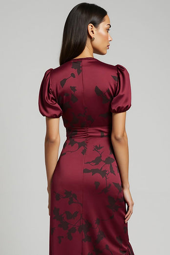 Burgundy V-Neck Asymmetrical Bodycon Maxi Wedding Guest Dress