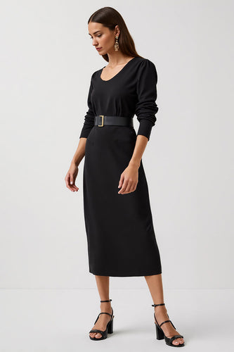 Simple Black Round Neck Pencil Maxi Work Dress with Sleeves