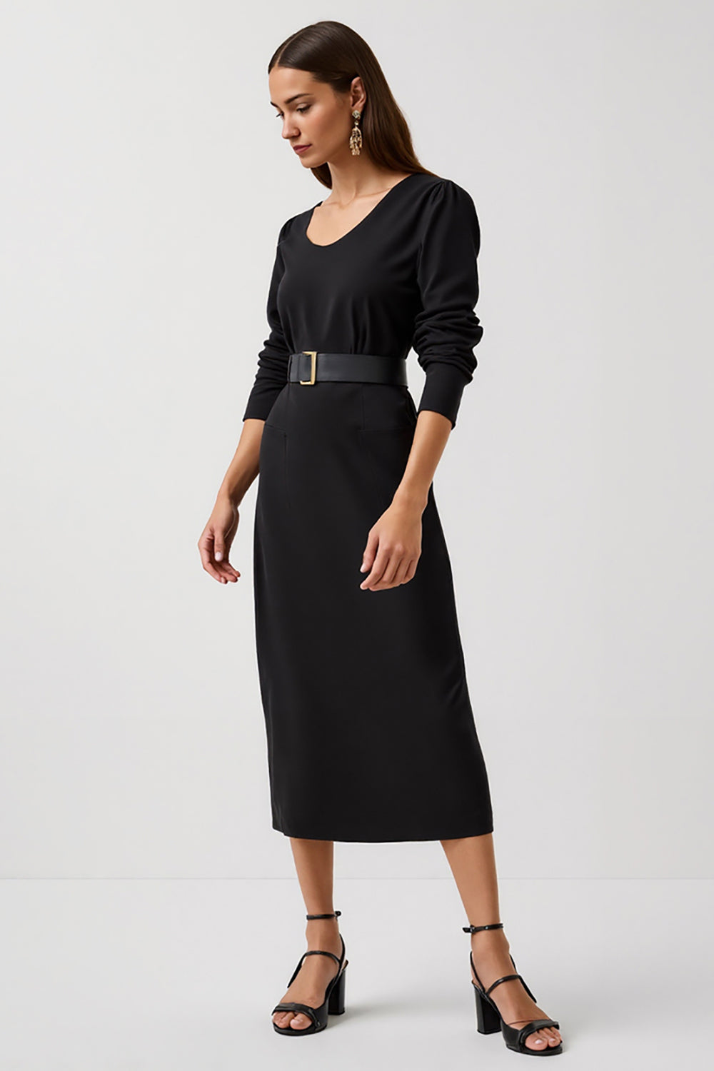 Simple Black Round Neck Pencil Maxi Work Dress with Sleeves