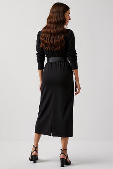 Simple Black Round Neck Pencil Maxi Work Dress with Sleeves