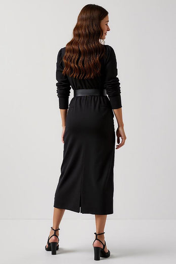 Simple Black Round Neck Pencil Maxi Work Dress with Sleeves