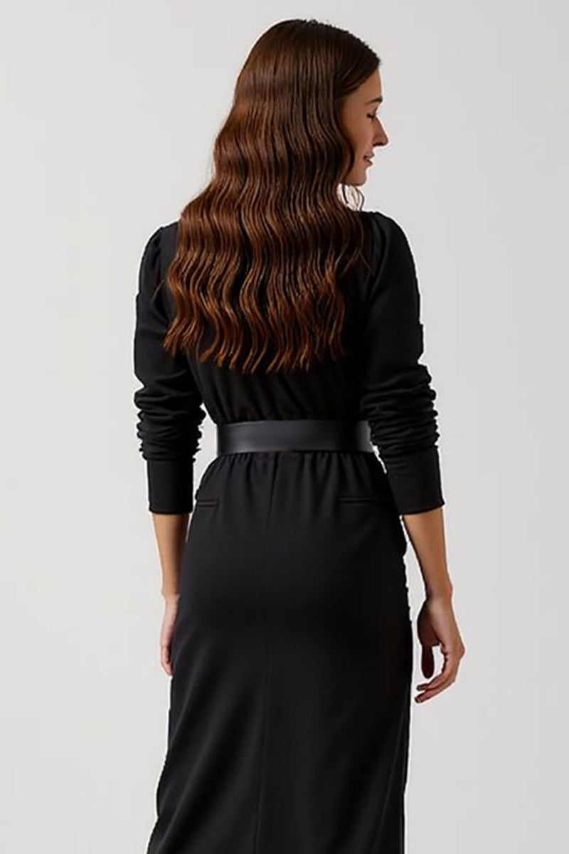 Load image into Gallery viewer, Simple Black Round Neck Pencil Maxi Work Dress with Sleeves