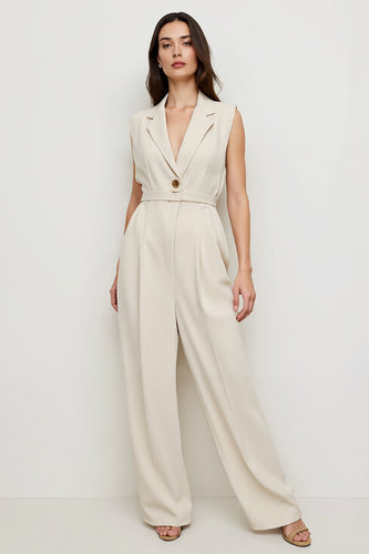 Ivory Notched Lapel Satin Work Jumpsuits