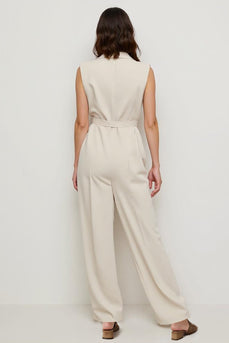 Ivory Notched Lapel Satin Work Jumpsuits