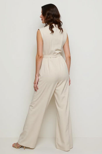 Ivory Notched Lapel Satin Work Jumpsuits
