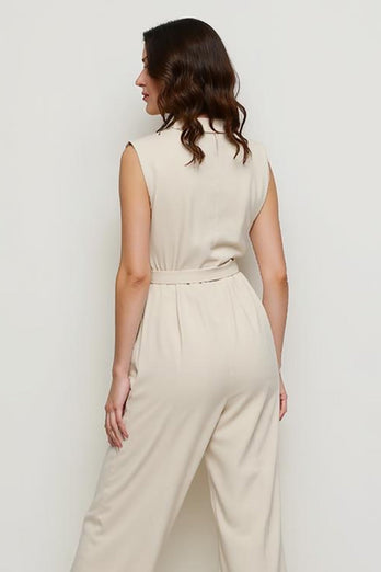 Ivory Notched Lapel Satin Work Jumpsuits