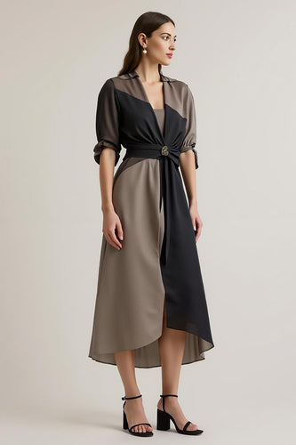 Black V-Neck Chiffon Maxi Work Dress with Sleeves