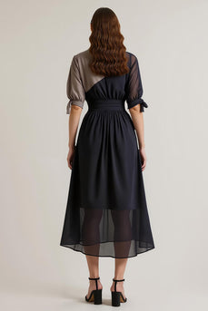 Black V-Neck Chiffon Maxi Work Dress with Sleeves