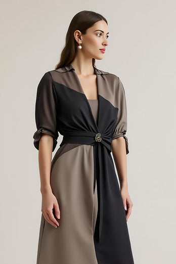 Black V-Neck Chiffon Maxi Work Dress with Sleeves