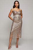 Load image into Gallery viewer, Sparkly Golden Spaghetti Straps Midi Sequins Holiday Party Dress