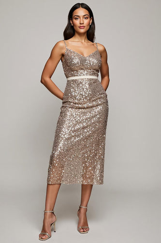 Sparkly Golden Spaghetti Straps Midi Sequins Holiday Party Dress