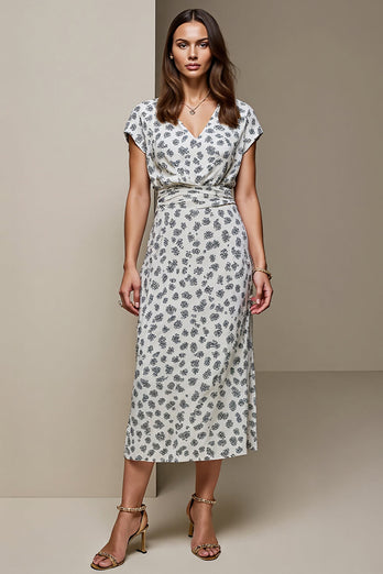 White Blue V-Neck Bodycon Printed Long Wedding Guest Dress