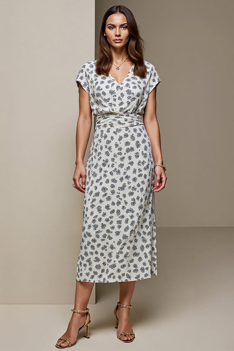 Load image into Gallery viewer, White Blue V-Neck Bodycon Printed Long Wedding Guest Dress
