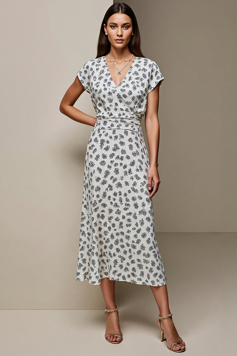 Load image into Gallery viewer, White Blue V-Neck Bodycon Printed Long Wedding Guest Dress