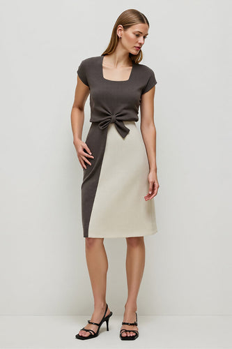 Coffee Pencil Square Neck Midi Work Dress with Sleeves