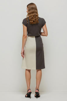 Coffee Pencil Square Neck Midi Work Dress with Sleeves
