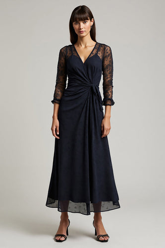 Navy V-Neck Chiffon Long Ruched Work Dress with Sleeves