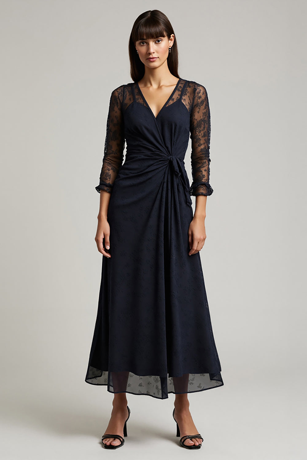 Navy V-Neck Chiffon Long Ruched Work Dress with Sleeves