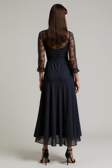 Navy V-Neck Chiffon Long Ruched Work Dress with Sleeves