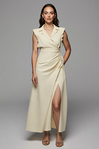 Apricot Notched Lapel Long Satin Work Dress with Slit