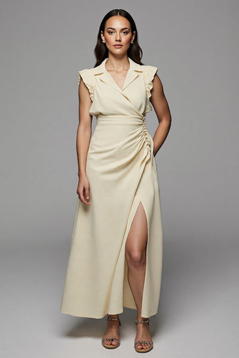 Apricot Notched Lapel Long Satin Work Dress with Slit