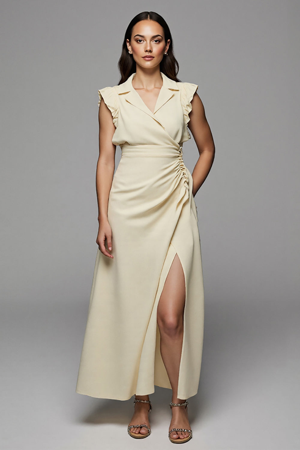 Apricot Notched Lapel Long Satin Work Dress with Slit