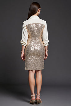 Sparkly Golden Collar Neck Pencil Sequins Short Work Dress with Slit