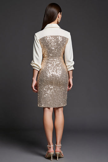 Sparkly Golden Collar Neck Pencil Sequins Short Work Dress with Slit