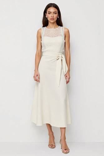White Scoop Bow Pencil Maxi Satin Work Dress with Sash