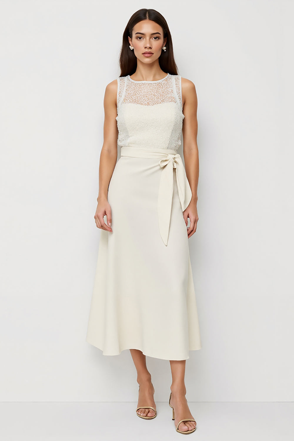 White Scoop Bow Pencil Maxi Satin Work Dress with Sash