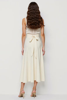 White Scoop Bow Pencil Maxi Satin Work Dress with Sash