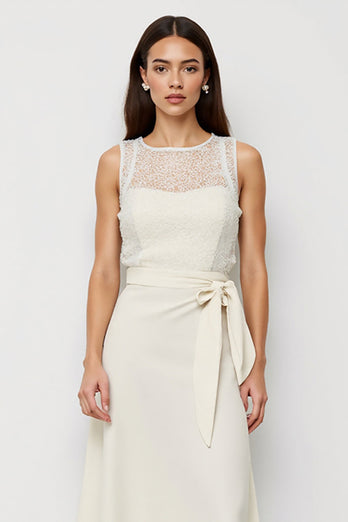 White Scoop Bow Pencil Maxi Satin Work Dress with Sash