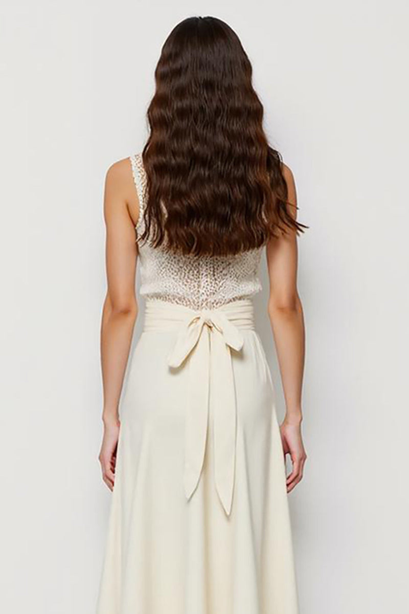 Load image into Gallery viewer, White Scoop Bow Pencil Maxi Satin Work Dress with Sash