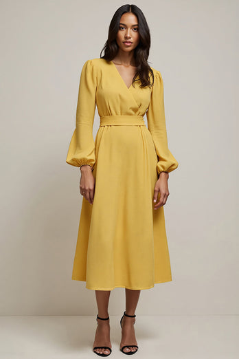 Yellow A Line V-Neck Maxi Work Dress with Sleeves