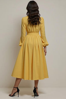 Yellow A Line V-Neck Maxi Work Dress with Sleeves
