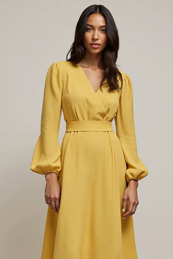 Yellow A Line V-Neck Maxi Work Dress with Sleeves