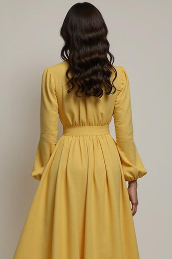 Yellow A Line V-Neck Maxi Work Dress with Sleeves