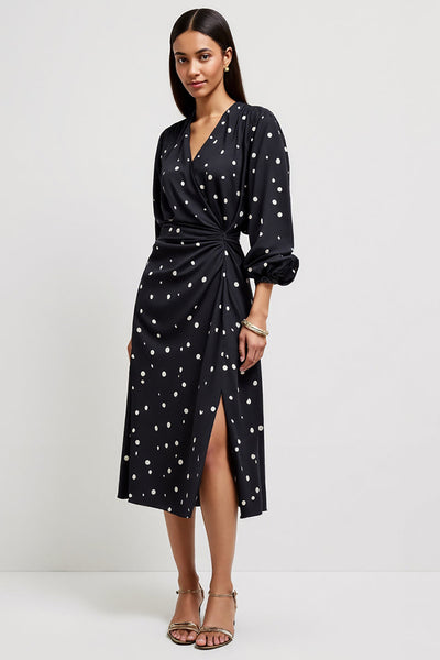 Black V-Neck Printed Midi Ruched Polka Dot Dress with Slit