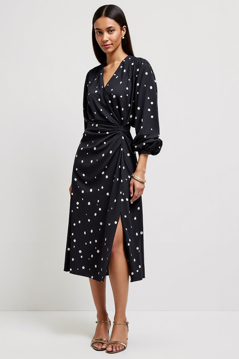 Black V-Neck Printed Midi Ruched Polka Dot Dress with Slit