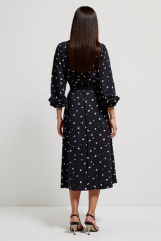 Black V-Neck Printed Midi Ruched Polka Dot Dress with Slit