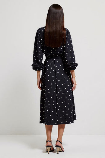 Black V-Neck Printed Midi Ruched Polka Dot Dress with Slit
