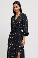 Load image into Gallery viewer, Black V-Neck Printed Midi Ruched Polka Dot Dress with Slit