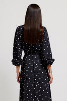 Load image into Gallery viewer, Black V-Neck Printed Midi Ruched Polka Dot Dress with Slit